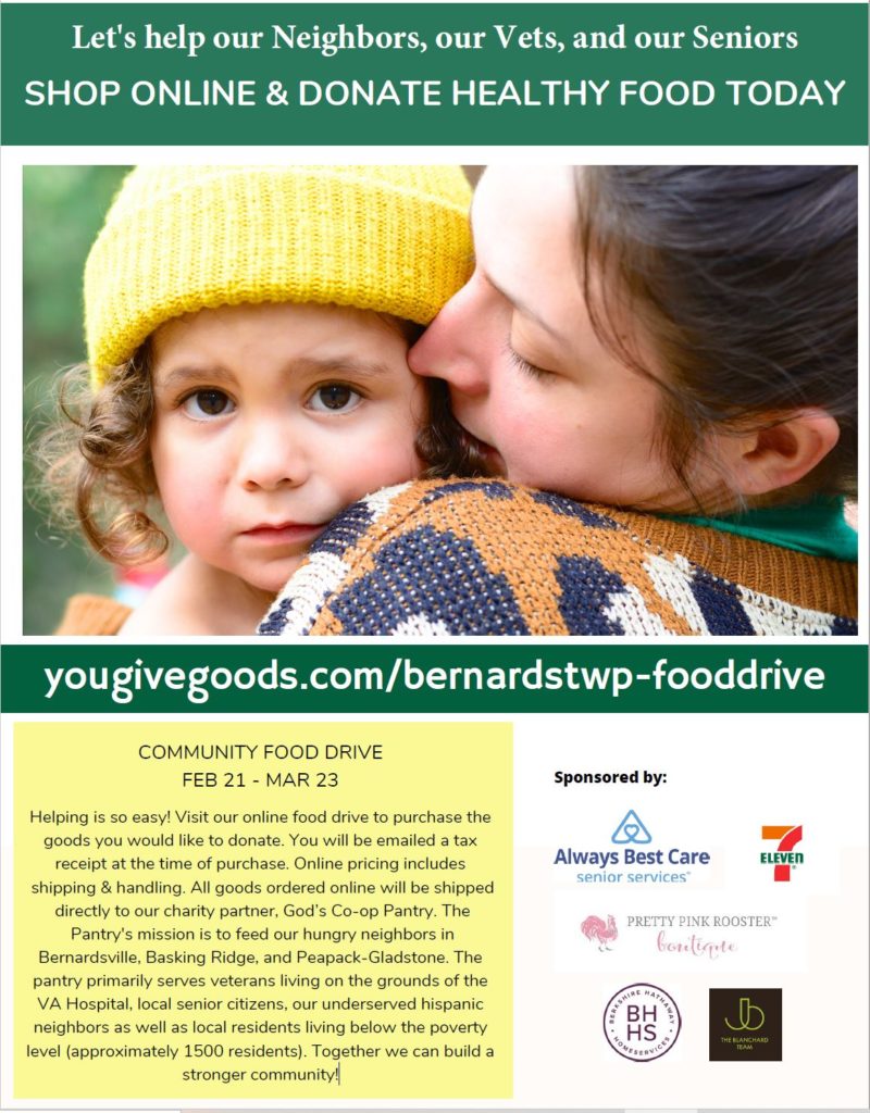 yougivegoods.com/bernardstwp-fooddrive - an easy way to donate to the Basking Ridge food drive